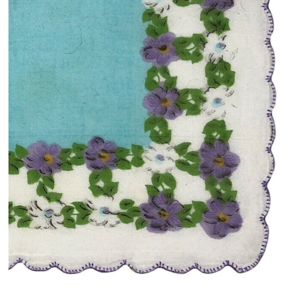 VTG Mint Blue Purple Floral Scalloped Edge Handkerchief Hankie Pocket Square 11"